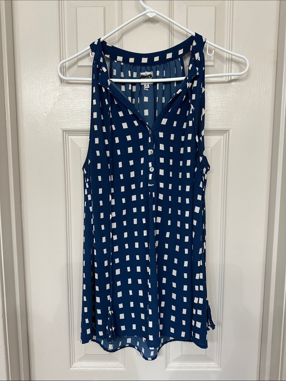 Mud Pie Navy Blue and White Square-Print Sleeveless Camisole